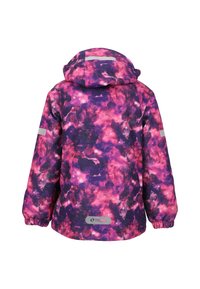 Lila- und rosa-galaxiemusterte Jacke mit Kapuze, elastischen Bündchen und reflektierenden Akzenten; verfügt über ein Logo am Saum.