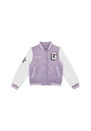 Veste universitaire lilas et blanche avec boutons-pression, deux poches frontales, une étoile sur la manche gauche et un écusson "G" sur la poitrine.