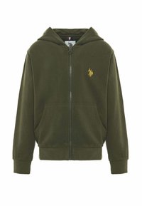 Felpa con zip verde oliva, materiale in cotone, tasche a marsupio, polsini e orlo a coste, presenta un logo in oro della polo sul lato sinistro del petto.