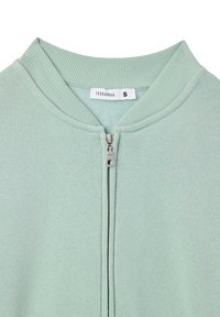 Felpa verde chiaro con zip, dotata di colletto a coste, con zip di colore argento e un'etichetta con la scritta "TERRANOVA" all'interno del collo.