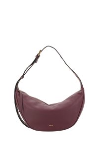 Burgundy leather shoulder bag with a curved shape, textured surface, gold-tone hardware, and a patterned strap. Features a zip closure.