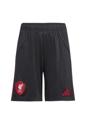 Shorts de sport noirs avec le blason rouge de Liverpool FC sur la jambe gauche et le logo rouge d'Adidas sur la jambe droite, dotés d'une taille élastique.