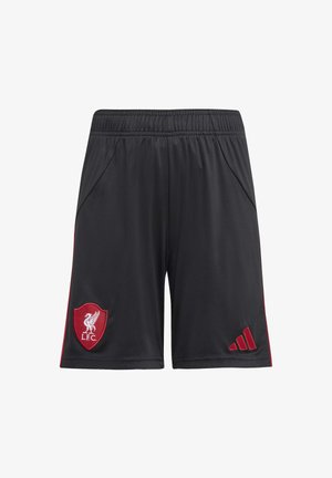 Černé sportovní šortky s červeným znakem Liverpool FC na levé noze a červeným logem Adidas na pravé noze, s elastickým pasem.