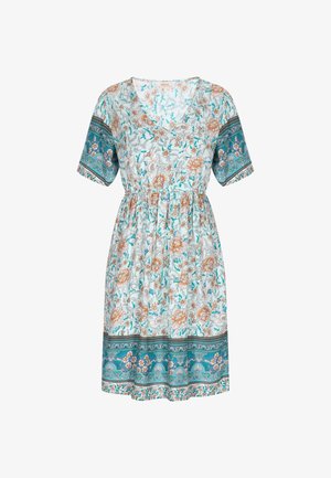 Blumenkleid in Hellblau mit kurzen Ärmeln, V-Ausschnitt, elastischem Taillenbund und filigranen teal- und braunfarbenen Mustern an den Ärmeln und dem Saum.