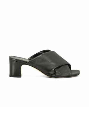 Sandale mule noire à bout ouvert avec larges brides en cuir croisées et un talon moyen épais sur fond blanc.