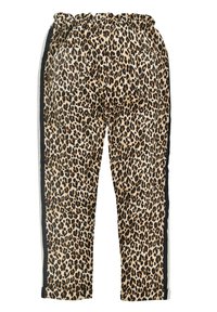Leopard print pants with an elastic waistband, featuring side stripes and two rear pockets. Soft fabric with a textured finish.