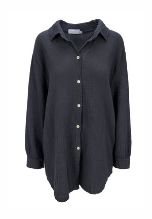 Schwarze Hemdjacke aus strukturiertem Stoff. Mit Kragen, langen Ärmeln und fünf hellen Knöpfen auf der Vorderseite.
