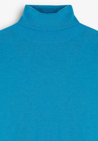 Türkisfarbener Rollkragenpullover aus weichem Strickstoff. Verfügt über einen hohen Kragen und gerippte Ränder, mit einer glatten Textur insgesamt.