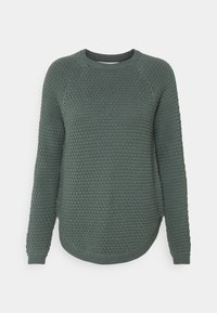 Grüner, gestrickter Pullover mit strukturiertem Muster, rundem Ausschnitt und langen Raglanärmeln. Verfügt über einen geschwungenen Saum und gerippte Bündchen.