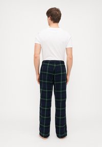 Námornícke kárované nohavice na voľný čas so zelenou a bielou mriežkou, elastický pás a uvoľnený strih. Model oblečený v bielom tričku, pohľad zozadu.