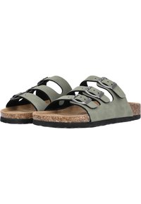 Grüne Ledersandalen mit drei verstellbaren Schnallenriemen, Korkfußbett und schwarzer Gummisohle für Grip und Komfort.