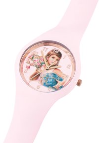 Montre en silicone rose affichant une fille avec un bouquet sur un cadran rose. Aiguilles et index dorés, boîtier rond avec un accent en or rose.