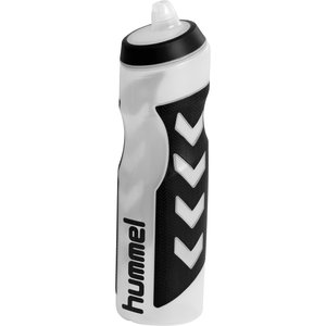 Weiß-schwarze Sportwasserflasche mit ergonomischem Griff, drei Chevron-Pfeilen und einem Push-Pull-Trinkaufsatz oben.