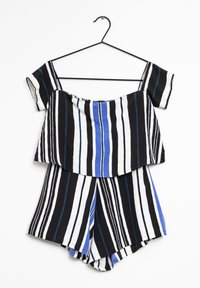 Black and white striped two-piece outfit with a short-sleeve top and matching shorts, featuring blue accents in vertical patterns.