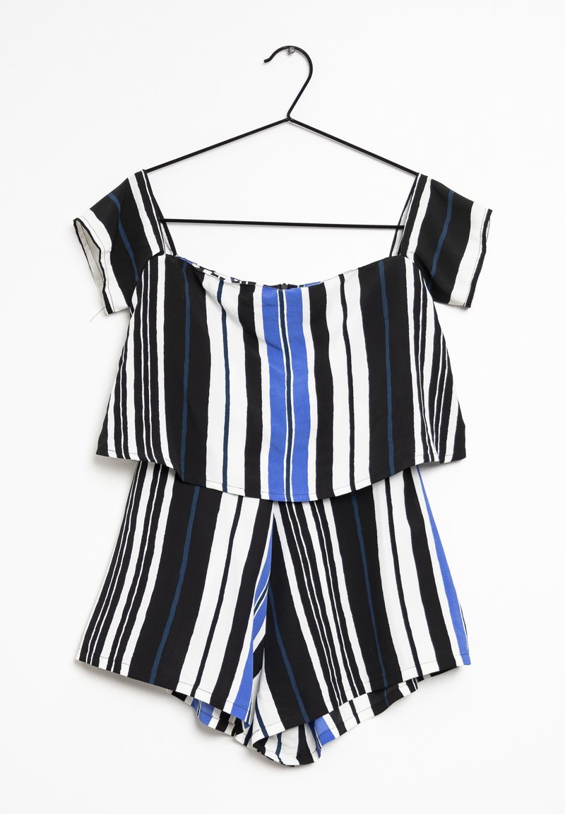 Black and white striped two-piece outfit with a short-sleeve top and matching shorts, featuring blue accents in vertical patterns.