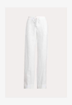 Baltos lino kelnės su raišteliu juosmens srityje, plačiomis kojų apačiomis ir dviem šoninėmis kišenėmis. Lygi tekstūra su lengvu, oriniu vaizdu.