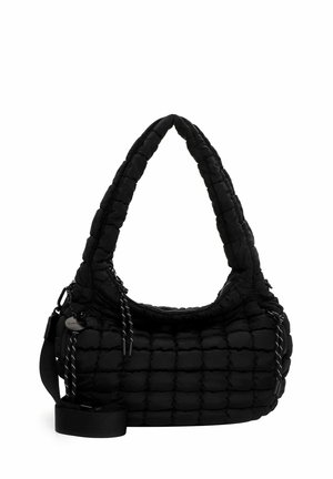 Sac bandoulière noir matelassé avec poignée rembourrée, fermetures éclair et sangle réglable portée en travers, sur fond blanc.