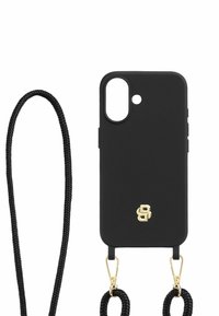 Juodas silikono telefonų dėklas su auksine logo, turintis tekstūruotą paviršių ir atitinkamą juodą pintą dirželį, prijungtą aukso spalvos aparatūra.