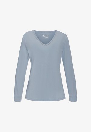 Light blue long-sleeve V-neck shirt with fitted cuffs and a simple, smooth fabric texture against a white background.
