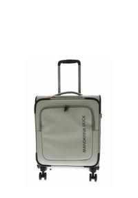 Valigia rigida a rotelle di colore grigio chiaro con tasca frontale con zip, dettagli neri, maniglia retraibile e quattro ruote per una facile mobilità.