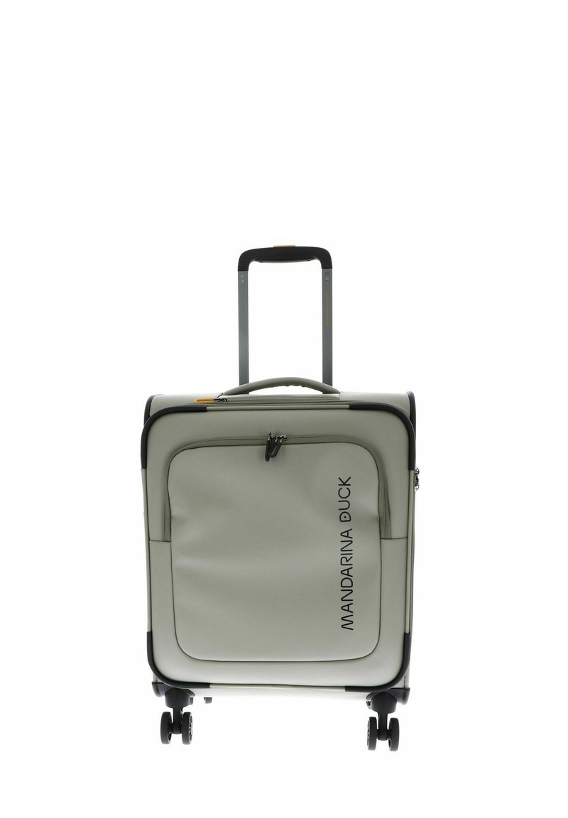 Valigia rigida a rotelle di colore grigio chiaro con tasca frontale con zip, dettagli neri, maniglia retraibile e quattro ruote per una facile mobilità.