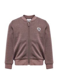 Brun zip-up bomberjacka med ribbad mudd och nederkant, med en liten broderad logotyp på vänster bröst och en mjuk textur.