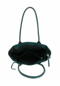 Sac fourre-tout en cuir teal avec deux poignées, offrant un intérieur spacieux, une poche zippée et une texture lisse. S'ouvre largement pour un accès facile.