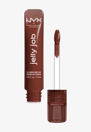 NYX Professional Makeup Jelly Job Lippen-Gloss mit vollem Glanz in Braun, mit Applikator-Stift, der aus der Tube genommen wurde.