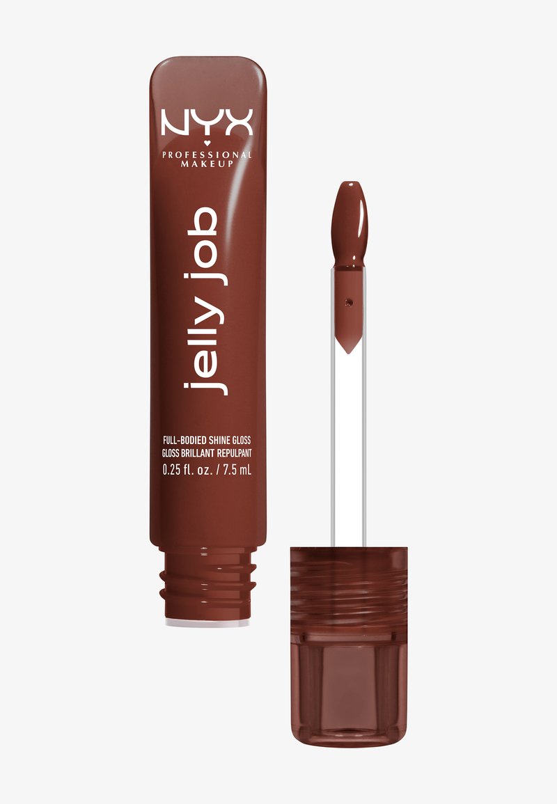 Gloss à lèvres brillant et intense NYX Professional Makeup Jelly Job en marron avec l'applicateur retiré du tube.