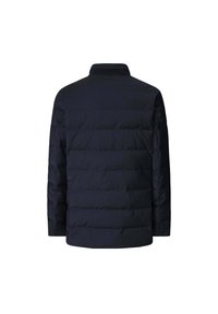Marine pufferjack, achteraanzicht; heeft horizontale quilted secties, een kraag en lange mouwen. Materiaal lijkt glad en geïsoleerd.