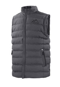 Graue gepolsterte Weste mit hochschließendem Kragen, ausgestattet mit Reißverschluss-Taschen und einem Logo auf der Brust. Glatte Textur und rechteckiges Steppmuster.