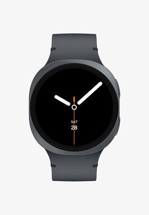 Runde schwarze Smartwatch mit einem grauen Silikonarmband. Sie verfügt über weiße Zeiger, einen orangefarbenen Sekundenzeiger und ein digitales Display, das "SAM 28" anzeigt.