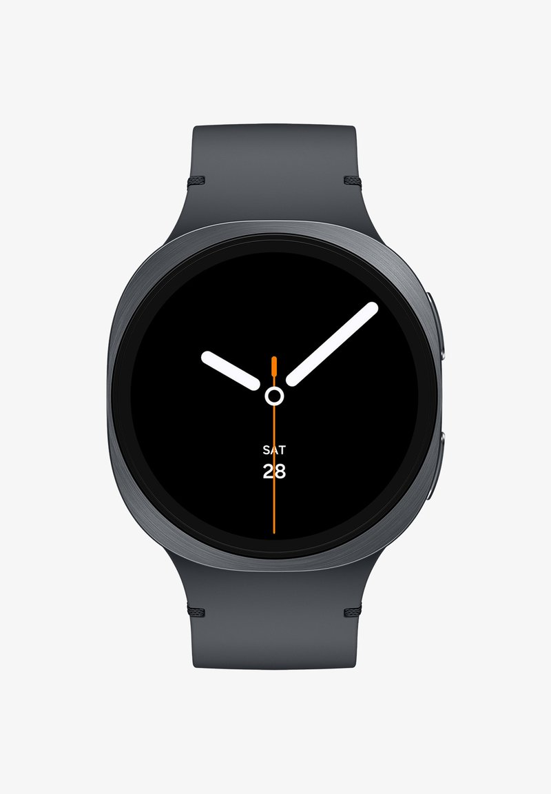 Round black smartwatch with a gray silicone strap. Features white hands, an orange second hand, and a digital display showing "SAT 28."