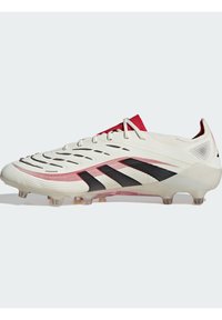 Weiße Fußballschuhe mit einer strukturierten Oberseite, schwarz-roten Streifen und transparenten Stollen. Verfügt über ein stromlinienförmiges Design und perforierte Akzente.