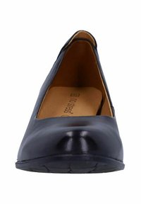 Scarpa piatta in pelle nera liscia, con punta rotonda e soletta imbottita beige contrassegnata "no stress". Design minimale, senza hardware visibile.