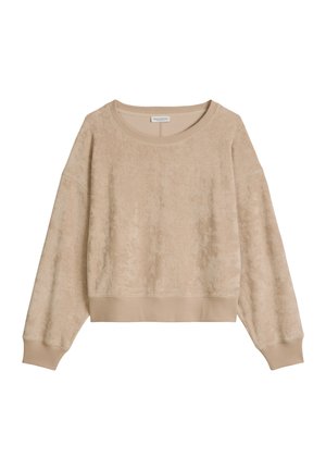 Pull beige à manches longues avec col rond, poignets et ourlet côtelés, en tissu doux texturé et coupe décontractée.