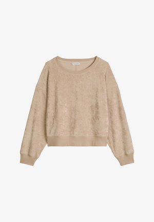Pull beige à manches longues avec col rond, poignets et ourlet côtelés, en tissu doux texturé et coupe décontractée.