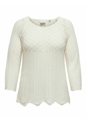 White knitted sweater with a scoop neckline, three-quarter sleeves, textured pattern, and scalloped hem. Lightweight fabric.
