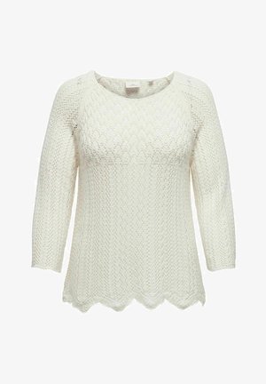 Biela pletená sveter s okrúhlym výstrihom, trojštvrťovými rukávmi, textúrovaným vzorom a volánovým lemom. Ľahký materiál.