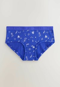 Slip di cotone blu con un motivo bianco di stivali, cuori e stelle. Fascia elastica con logo 'NEXT' impresso. Texture liscia.