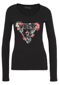 T-shirt a maniche lunghe nera con una grafica floreale colorata e logo al centro, con una texture morbida e liscia e colletto rotondo.