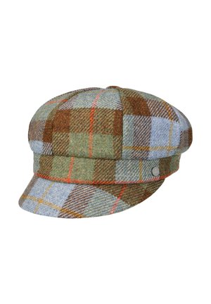 Tweed newsboy cap with patchwork plaid pattern in green, brown, blue, and orange tones, featuring a small silver brand emblem on the side.