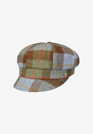 Tweed-Newsboy-Cap mit Patchwork-Karo-Muster in Grün-, Braun-, Blau- und Orangetönen, mit einem kleinen silbernen Markenemblem an der Seite.