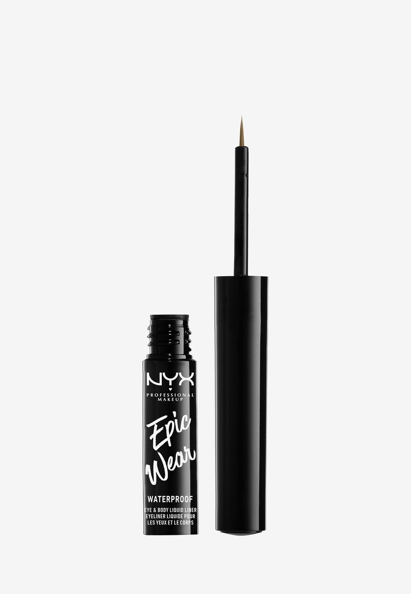 Eyeliner wodoodporny NYX Epic Wear, czarna tubka z białym napisem, ma długi, cienki pędzelek do precyzyjnej aplikacji.