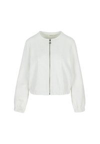 Bela skrajšana jakna iz teksturirane tkanine, z okroglim ovratnikom, zadrgo in elastičnimi mansetami. Preprost in minimalističen dizajn.