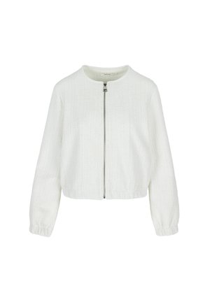 White cropped jacket made of textured fabric, featuring a round neckline, zipper closure, and elastic cuffs. Simple and minimalist design.