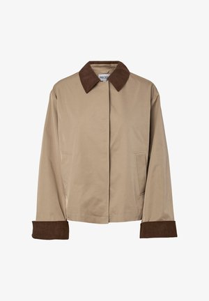 Beige jakke med mørkebrunt kordfløyelskrage og mansjetter, lange ermer, lommer foran og skjult frontlukking.