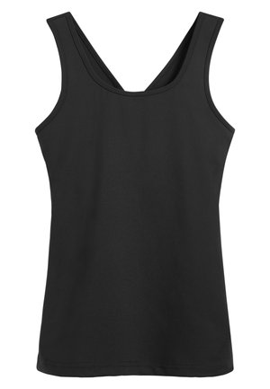 Zwart mouwloos tanktopje met brede schouderbanden en een ronde halslijn, afgebeeld tegen een witte achtergrond.