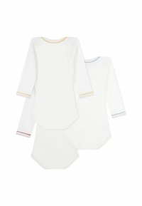 Tre långärmade bodysuits i vitt, med färgade detaljer vid halsringning och ärmar i gult, blått och rött. Mjuk bomullsmaterial, rundade nederkanter.