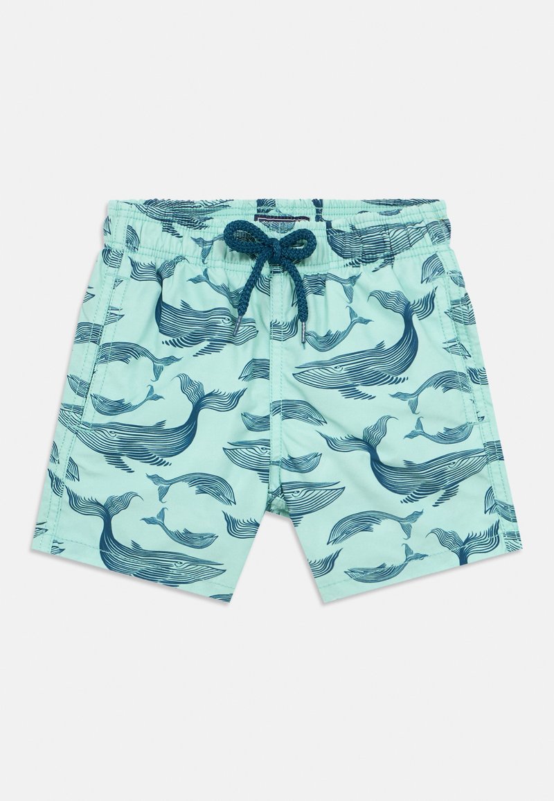 Heledad sinised ujumispüksid, millel on tume siniste vaalade muster. Elastne vöökoht reguleeritava nööriga ja küljetaskud.